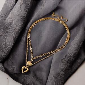 NEW 18K karat yellow gold plated double layer heart charm necklace jewelry B3A
